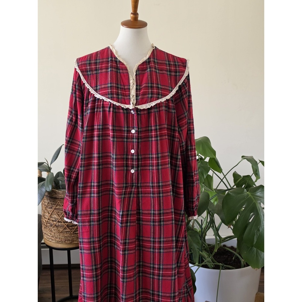 Vintage Lanz Salzburg Plaid Red Flannel Prairie Maxi Nightgown Dress Size XL